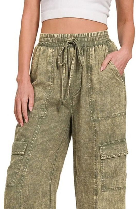 Pantalon Cargo Femme Lin Lavé Taille Élastique Poches 1