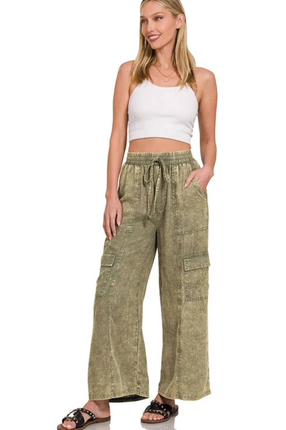 Pantalon Cargo Femme Lin Lavé Taille Élastique Poches 2