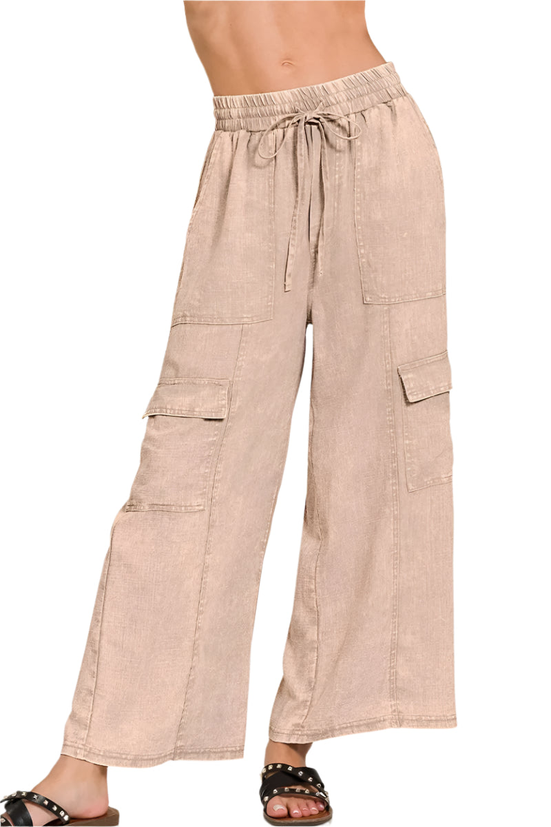 Pantalon Cargo Femme Taille Élastique en Lin Lavé Décontracté 0