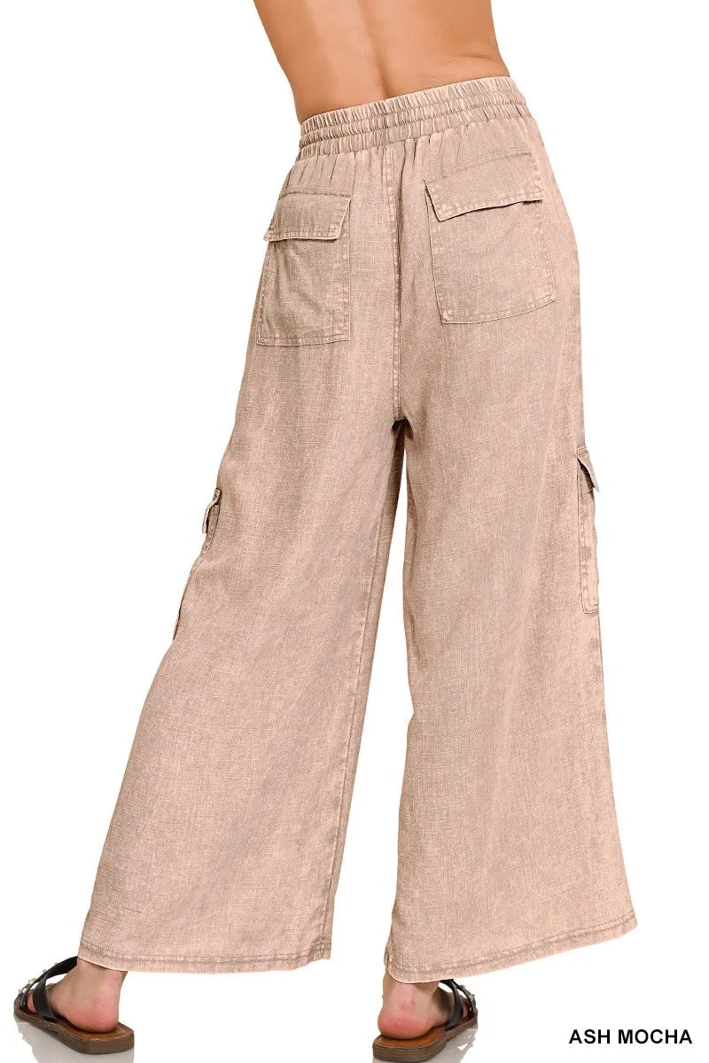 Pantalon Cargo Femme Taille Élastique en Lin Lavé Décontracté 1