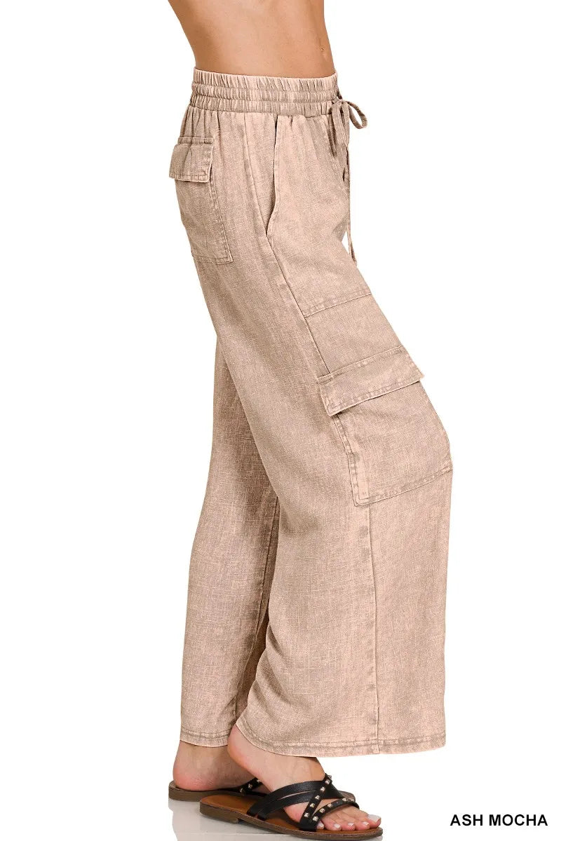 Pantalon Cargo Femme Taille Élastique en Lin Lavé Décontracté 2