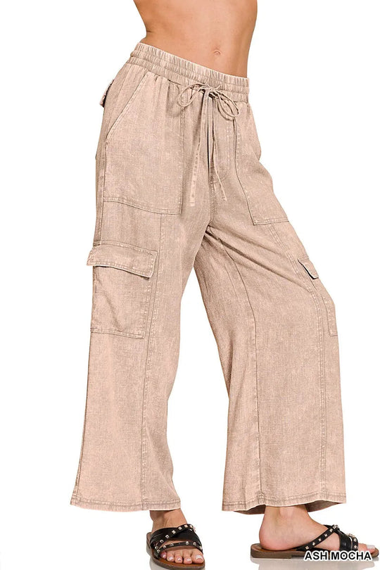 Pantalon Cargo Femme Taille Élastique en Lin Lavé Décontracté 3