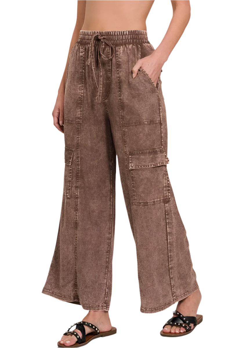 Pantalon Cargo Femme Taille Élastique en Lin Lavé avec Poches 0