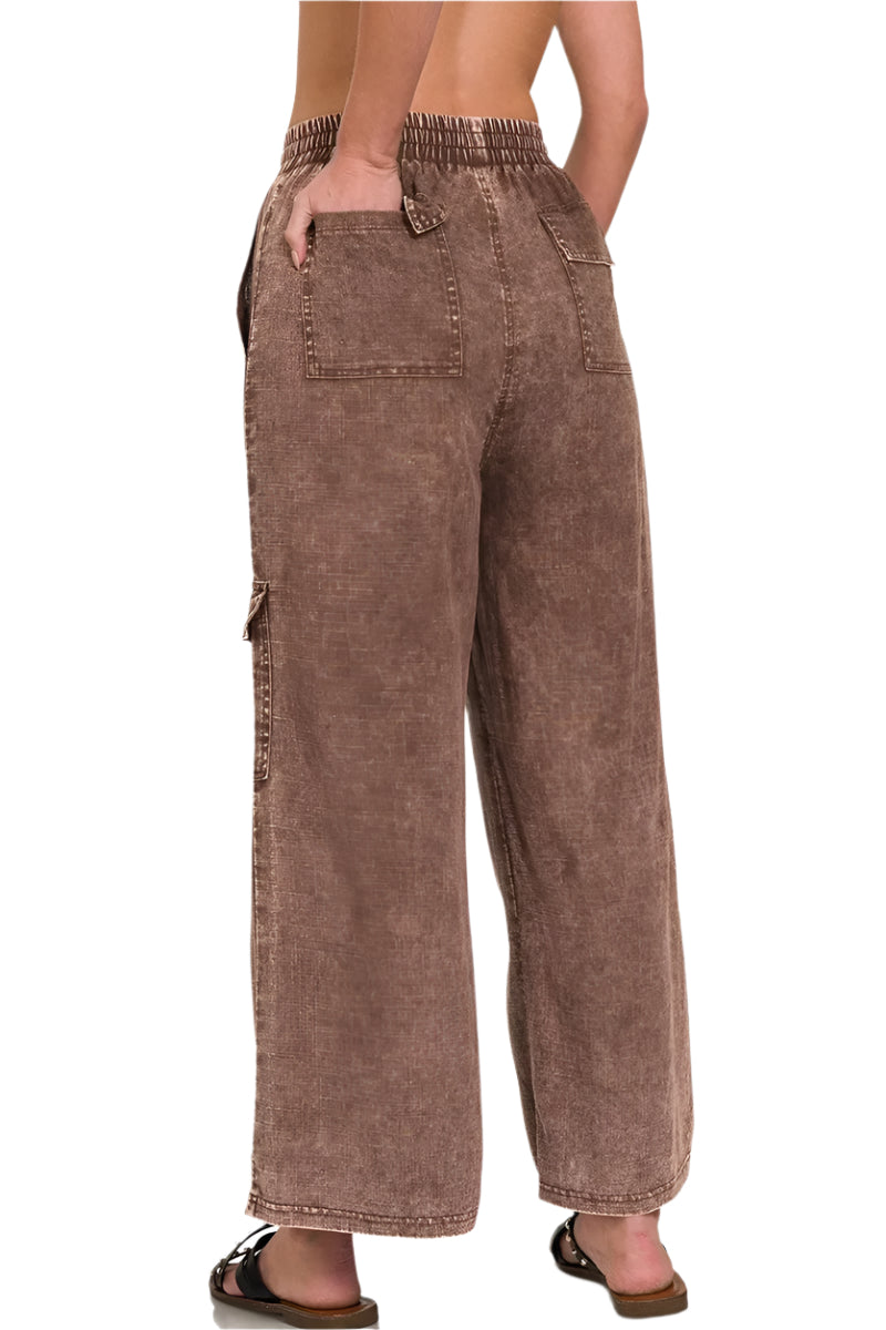 Pantalon Cargo Femme Taille Élastique en Lin Lavé avec Poches 1