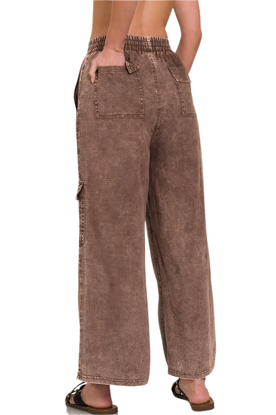 Pantalon Cargo Femme Taille Élastique en Lin Lavé avec Poches 1