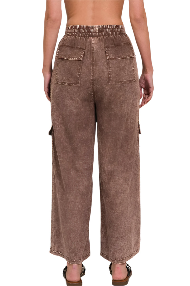 Pantalon Cargo Femme Taille Élastique en Lin Lavé avec Poches 2