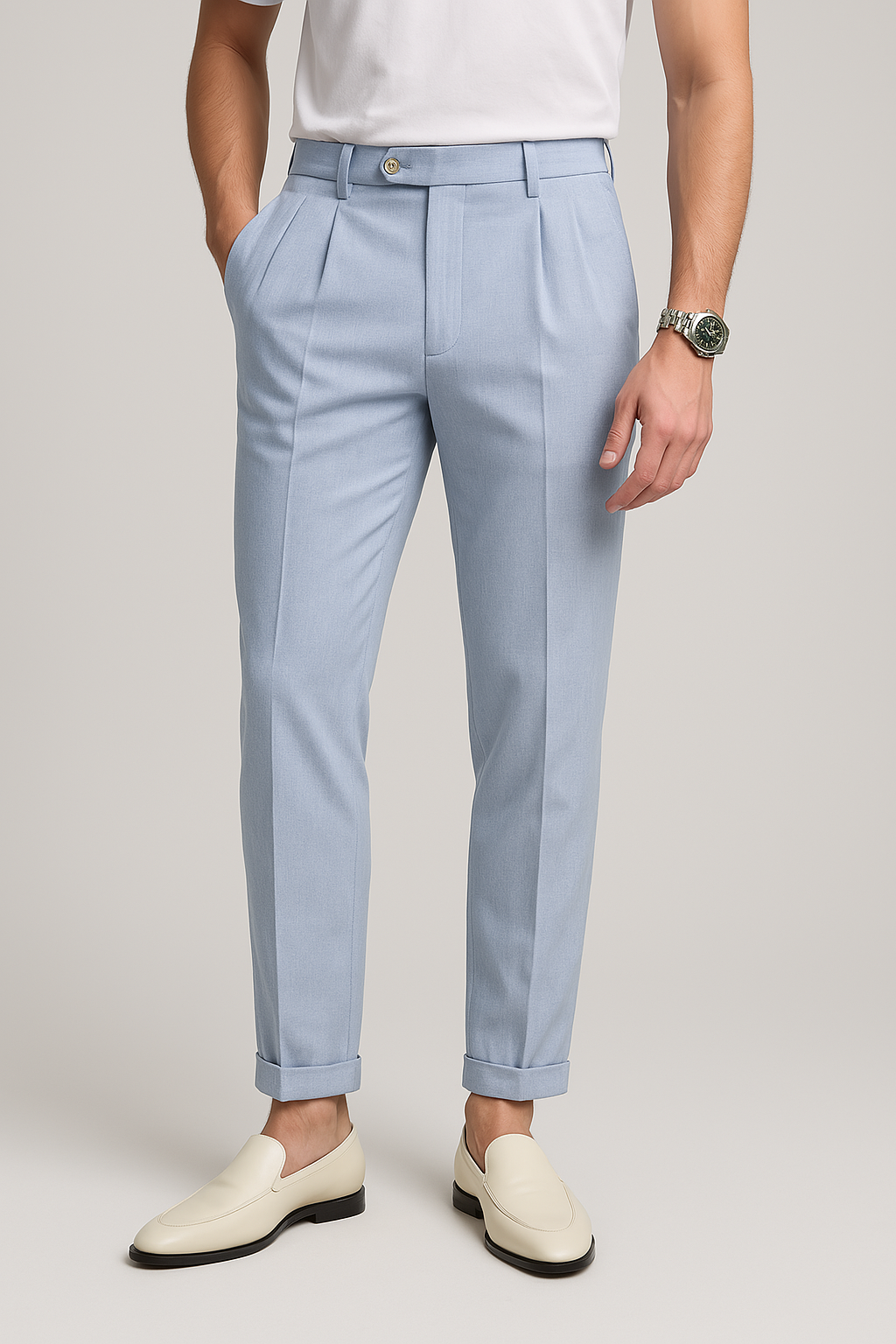 Pantalon Droit pour Hommes Taille Haute avec Pli Avant en Tissu Texturé 1