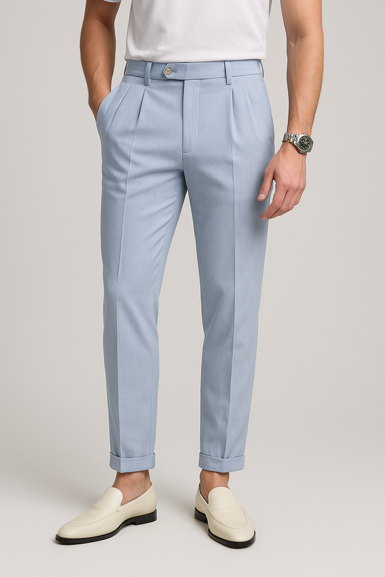 Pantalon Droit pour Hommes Taille Haute avec Pli Avant en Tissu Texturé 1