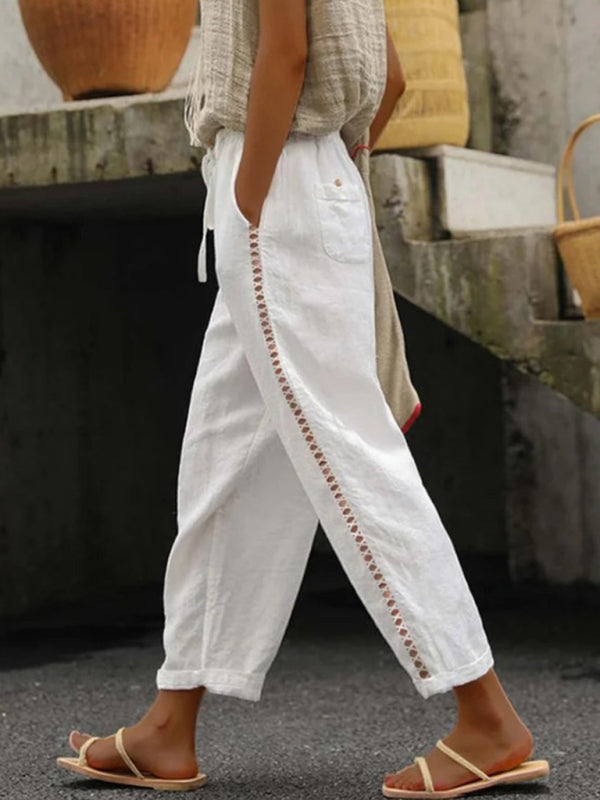Pantalon Femme Cropped en Lin et Coton Uni 0