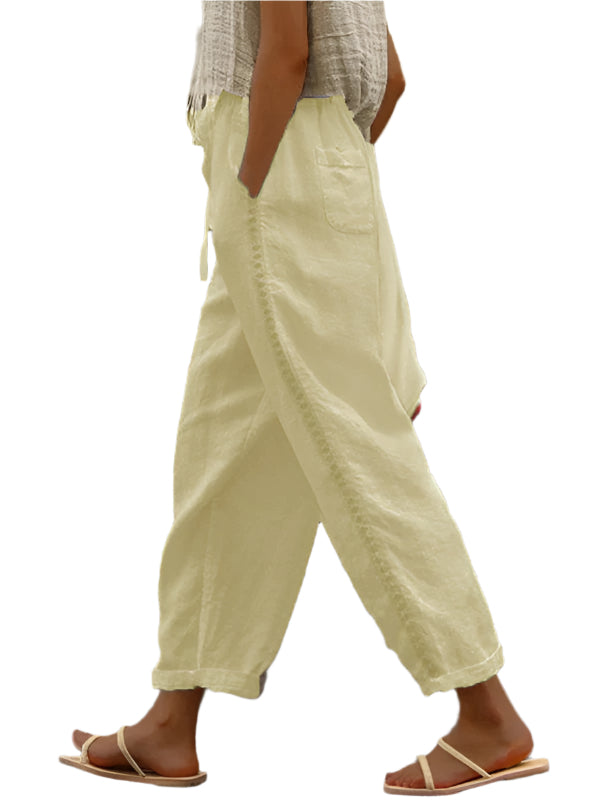 Pantalon Femme Cropped en Lin et Coton Uni 1