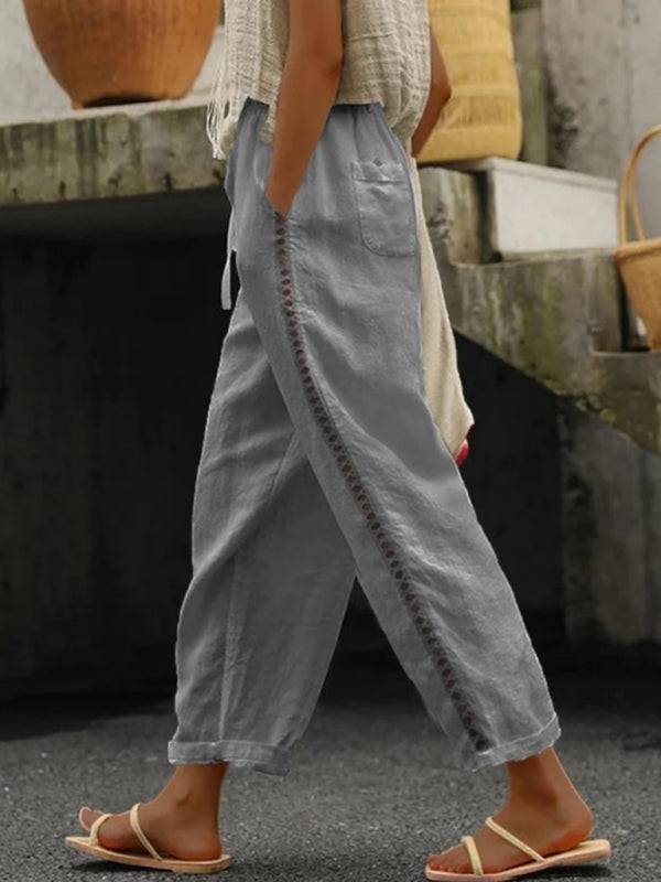 Pantalon Femme Cropped en Lin et Coton Uni 2