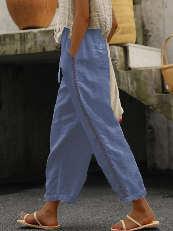 Pantalon Femme Cropped en Lin et Coton Uni 3