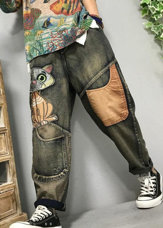 Pantalon Femme Sarouel Ample Avec Broderie Chat 1