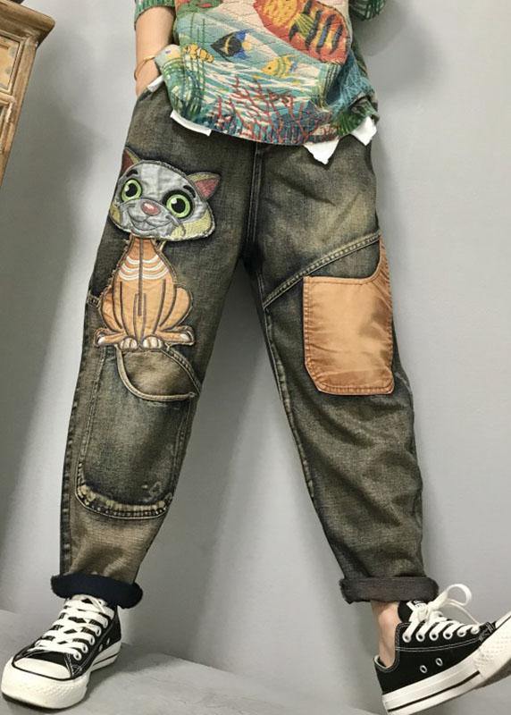 Pantalon Femme Sarouel Ample Avec Broderie Chat 2