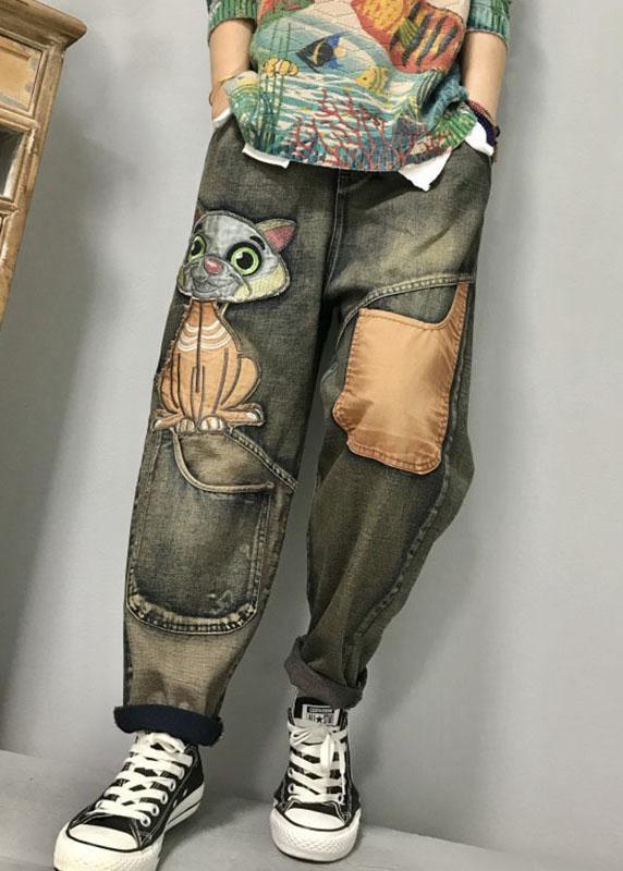 Pantalon Femme Sarouel Ample Avec Broderie Chat 3