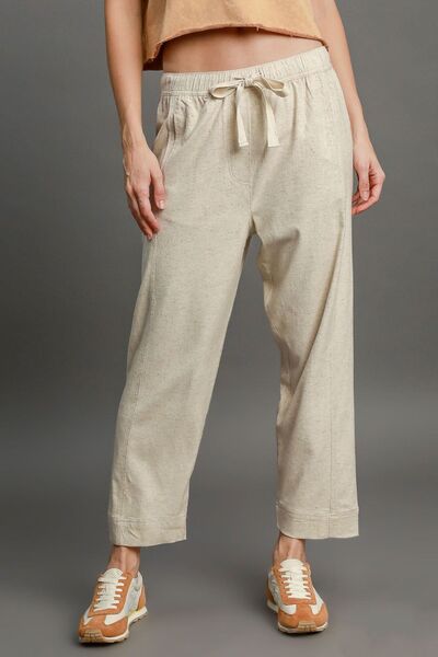 Pantalon Fluide Femme Taille Élastique Lin Mélangé Casual 0