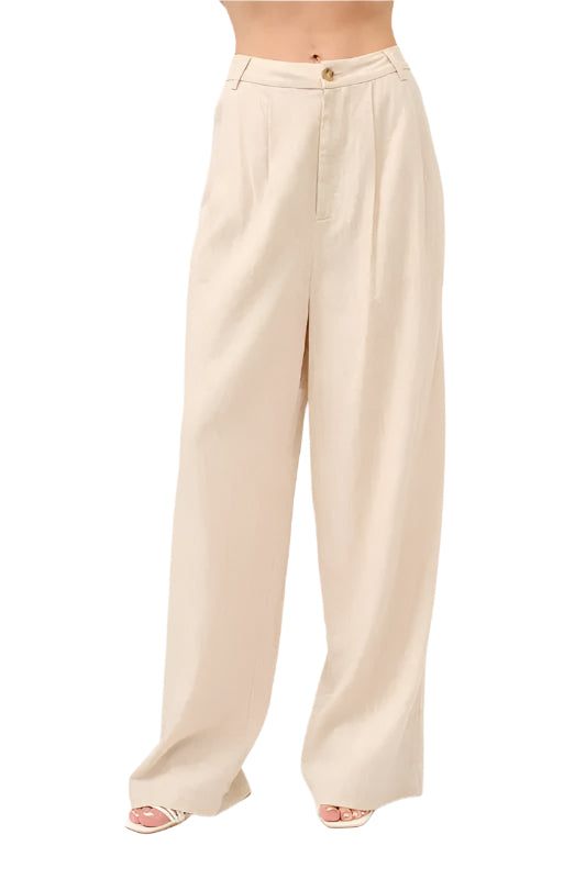 Pantalon Fluide Femme Taille Haute en Mélange de Lin à Jambes Larges 0
