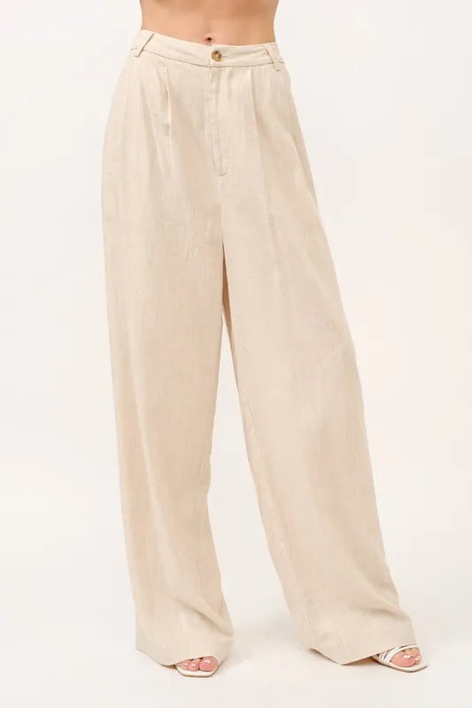 Pantalon Fluide Femme Taille Haute en Mélange de Lin à Jambes Larges 1