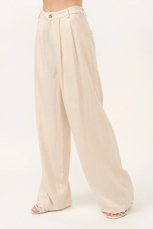 Pantalon Fluide Femme Taille Haute en Mélange de Lin à Jambes Larges 2