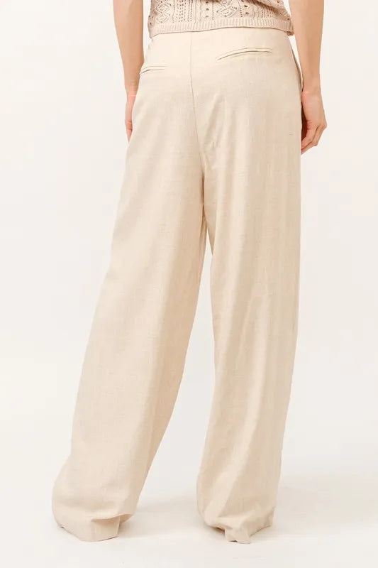 Pantalon Fluide Femme Taille Haute en Mélange de Lin à Jambes Larges 3