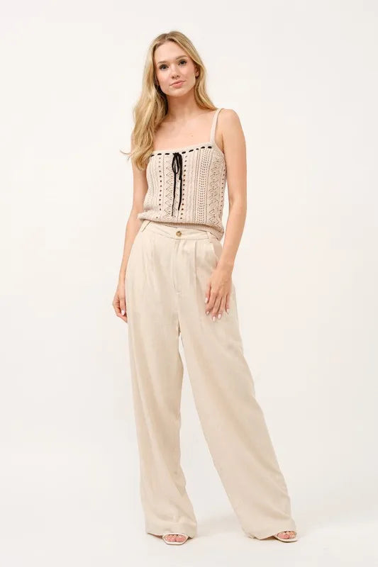Pantalon Fluide Femme Taille Haute en Mélange de Lin à Jambes Larges 4