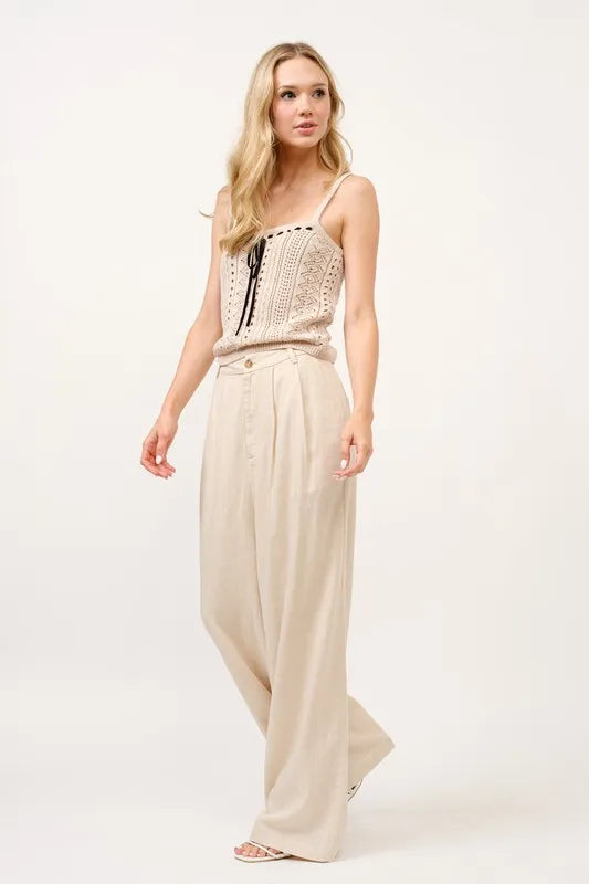 Pantalon Fluide Femme Taille Haute en Mélange de Lin à Jambes Larges 6