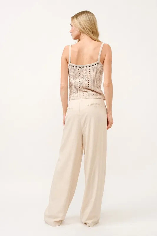 Pantalon Fluide Femme Taille Haute en Mélange de Lin à Jambes Larges 7