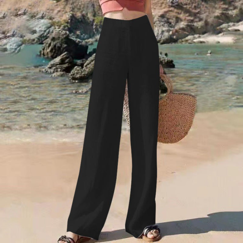 Pantalon Large Femme Taille Haute Tissu Léger Fluide 4