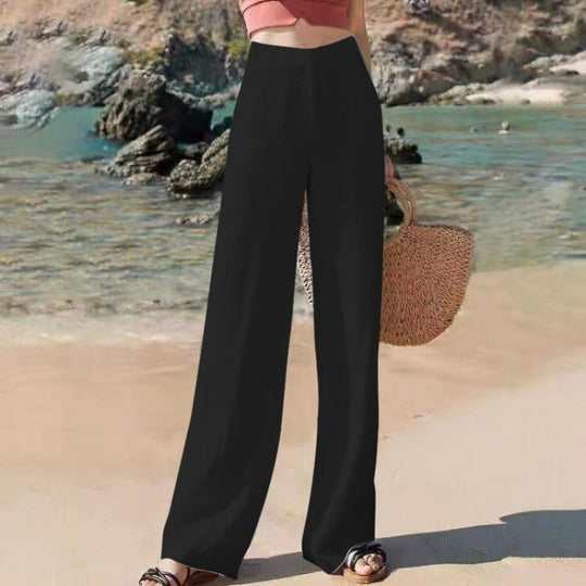 Pantalon Large Femme Taille Haute Tissu Léger Fluide 4