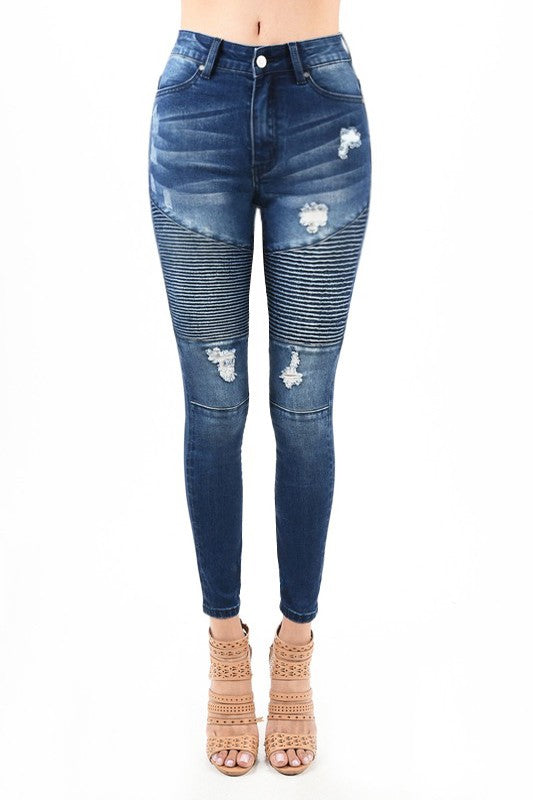 Pantalon Skinny Moto Taille Haute Denim Bleu Foncé 0