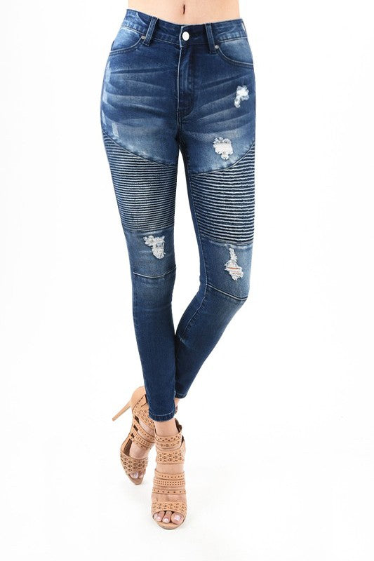 Pantalon Skinny Moto Taille Haute Denim Bleu Foncé 1