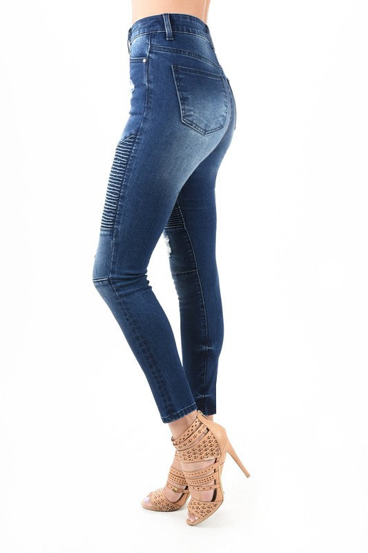 Pantalon Skinny Moto Taille Haute Denim Bleu Foncé 2