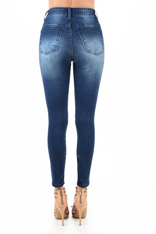 Pantalon Skinny Moto Taille Haute Denim Bleu Foncé 3