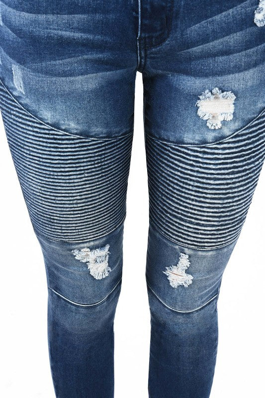 Pantalon Skinny Moto Taille Haute Denim Bleu Foncé 4