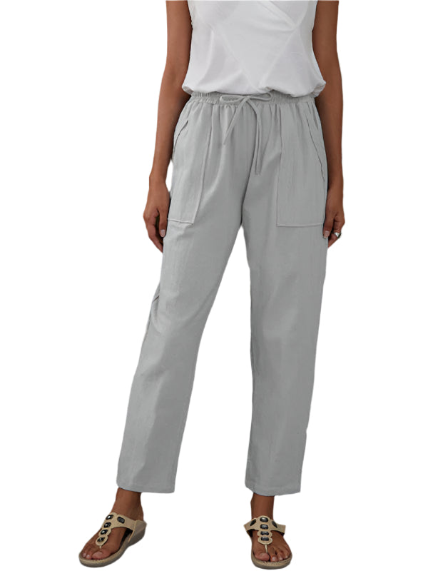 Pantalon de détente femme en coton et lin avec taille élastique et poches 0