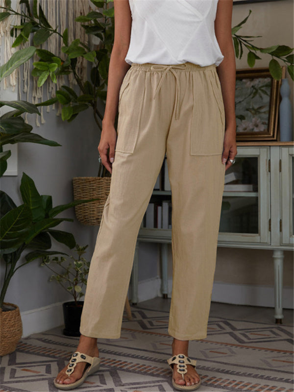 Pantalon de détente femme en coton et lin avec taille élastique et poches 1