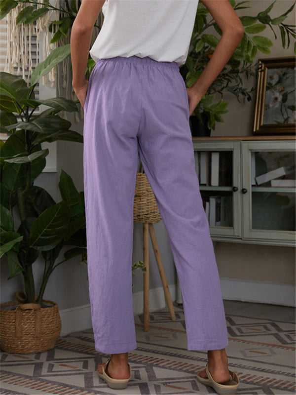 Pantalon de détente femme en coton et lin avec taille élastique et poches 2