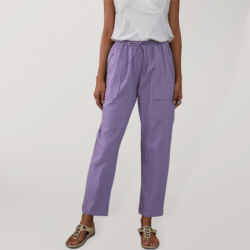 Pantalon de détente femme en coton et lin avec taille élastique et poches 3