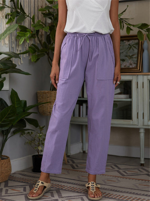 Pantalon de détente femme en coton et lin avec taille élastique et poches 4