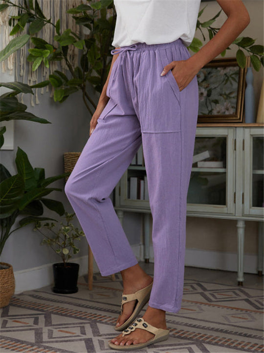 Pantalon de détente femme en coton et lin avec taille élastique et poches 5