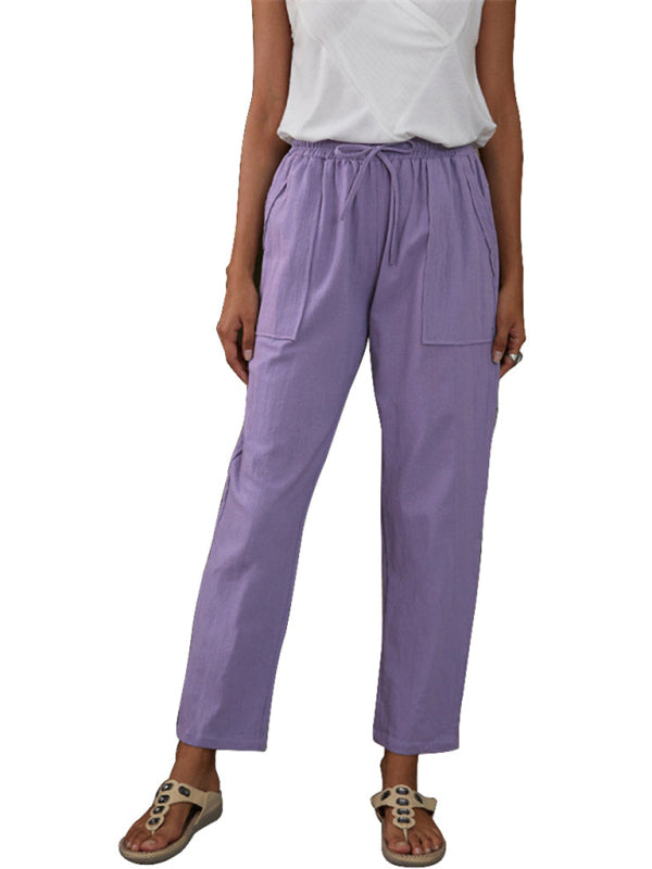 Pantalon de détente femme en coton et lin avec taille élastique et poches 6