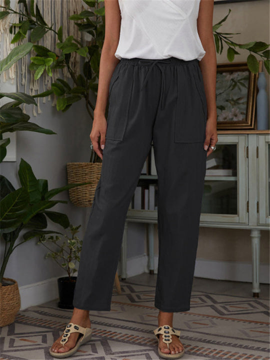 Pantalon de détente femme en coton et lin avec taille élastique et poches 7