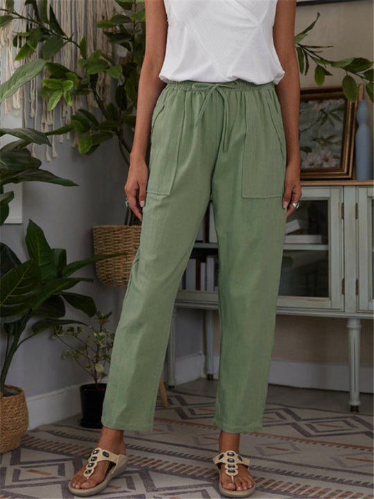 Pantalon de détente femme en coton et lin avec taille élastique et poches 8