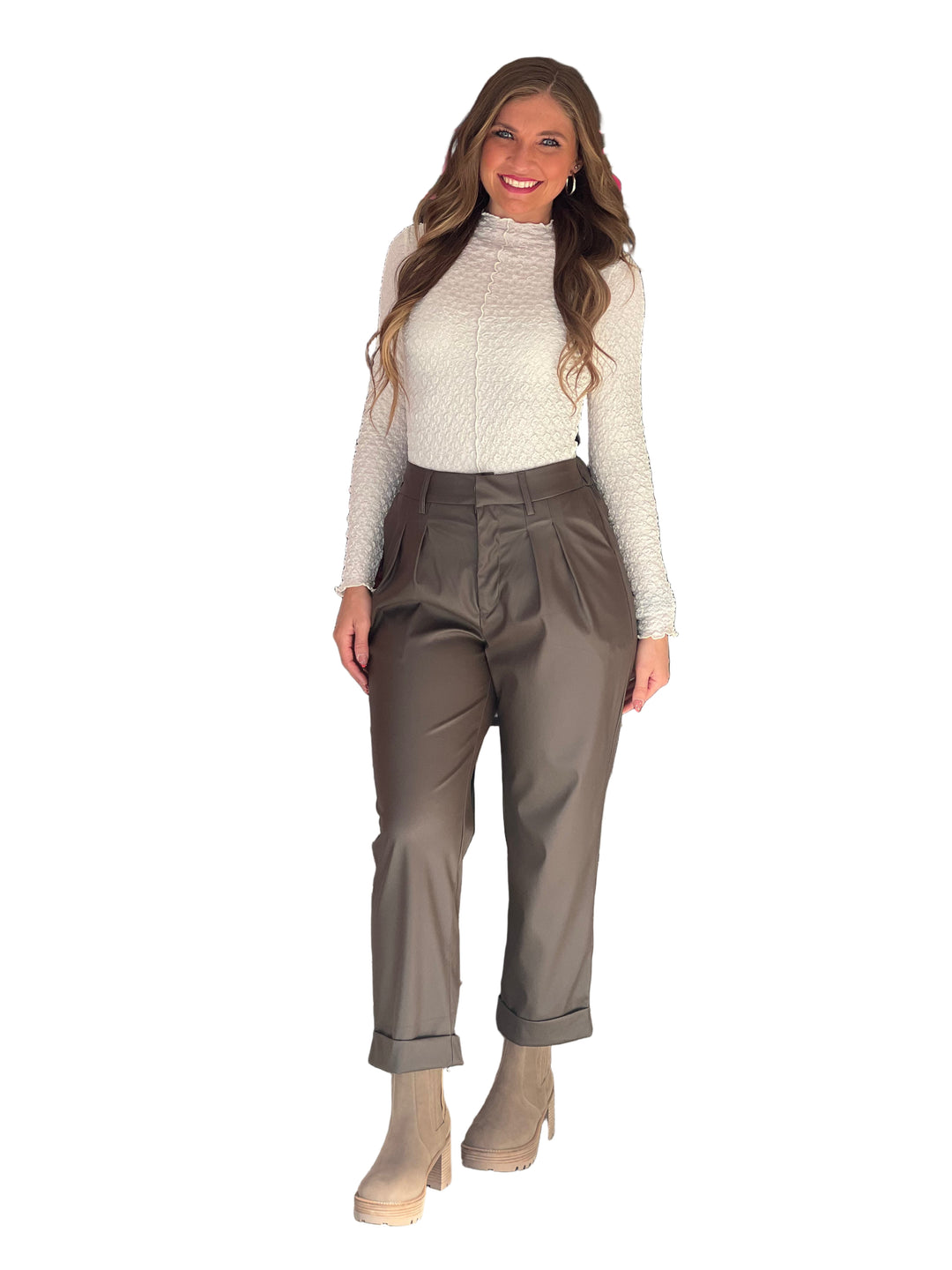 Pantalon en Cuir Végétalien à Pli Avant pour Femme 0