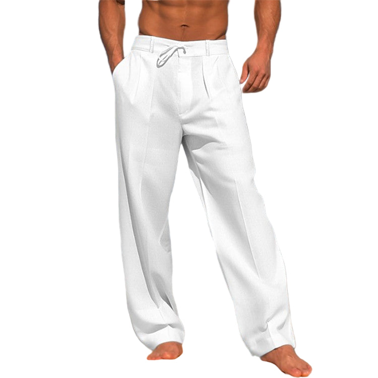 Pantalon en Lin pour Hommes - Coupe Décontractée - Taille Élastique - Devant Plissé - Longueur Complète 0