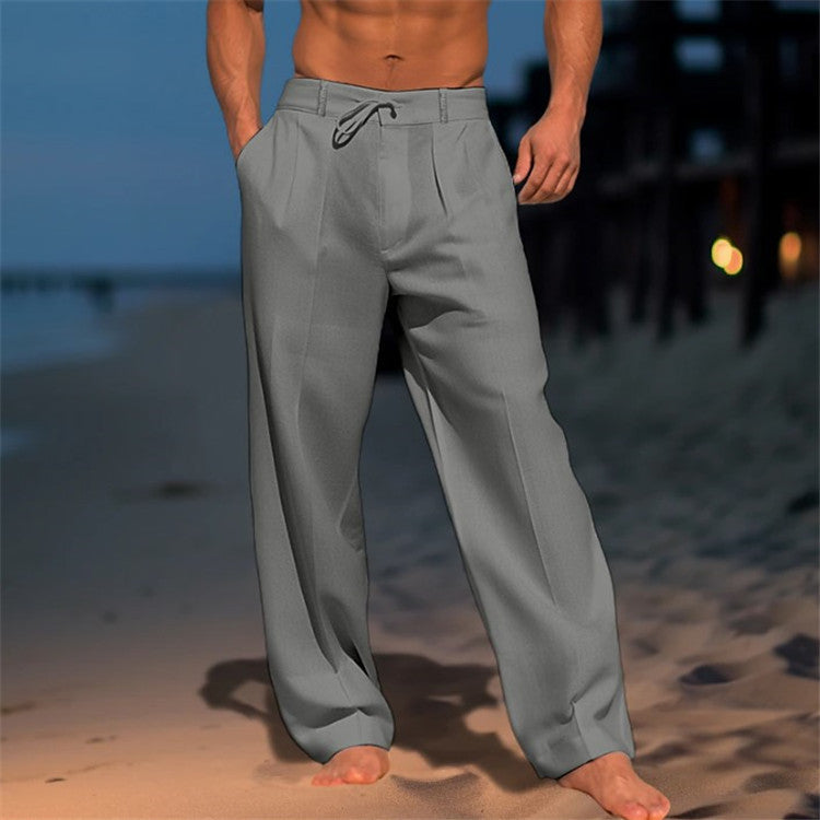 Pantalon en Lin pour Hommes - Coupe Décontractée - Taille Élastique - Devant Plissé - Longueur Complète 1
