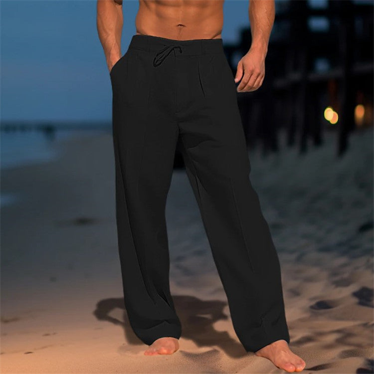 Pantalon en Lin pour Hommes - Coupe Décontractée - Taille Élastique - Devant Plissé - Longueur Complète 3