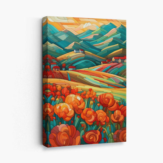 Peinture Abstraite Paysage Coloré avec Fleurs Rouges 0
