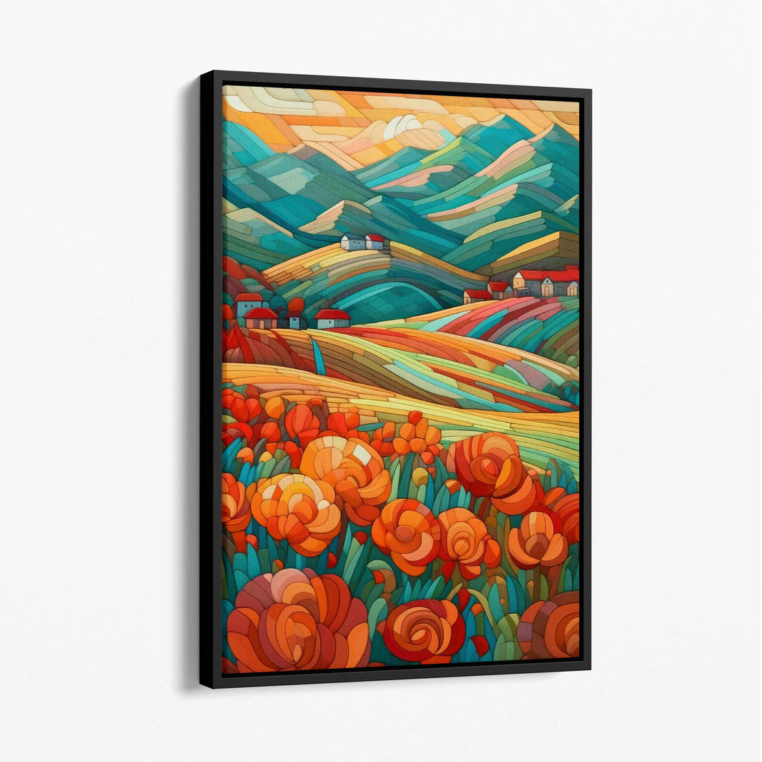 Peinture Abstraite Paysage Coloré avec Fleurs Rouges 1