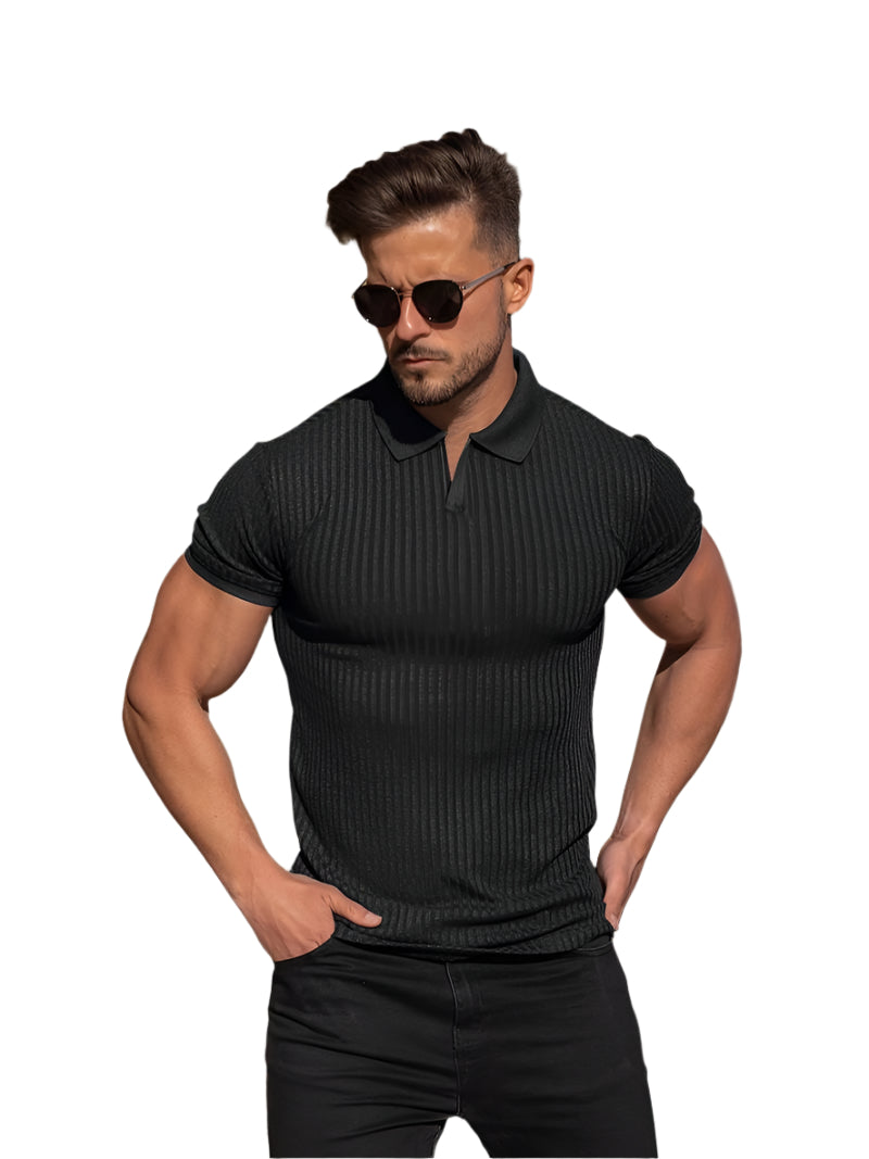 Polo pour Hommes Ajusté en Tricot Doux à Côtes à Manches Courtes 0
